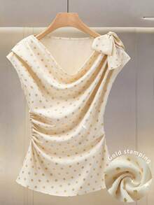 Modelyn Stylish Foil Polka Dot Draped Neck Cinched Waist Blouse, High-End, Spring/Summer - Apricot - View 3