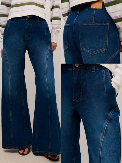 Nöista 休闲深色水洗阔腿牛仔裤，采用修身剪裁，拉长身形。是春假穿搭的时尚基础单品，可轻松搭配毛衣、衬衫和日常上衣，打造摩登简约的造型。