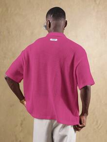 SUMWON Tricou polo tricotat pentru bărbați, crop fit, cu mânecă scurtă, stil resort, cu plasă deschisă, texturată, de vară, casual, top cu guler - Roz - Vizualizare 2