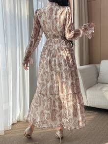 DAZY Women's Waist Cinched All-Over Print Shirt Collar Dress - Brown - View 3