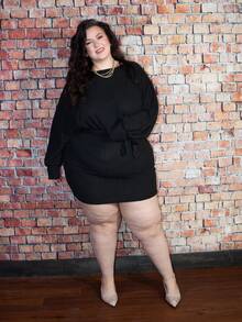 Truni Vestido de punto acanalado de talla grande con cinturón - Negro - Ver 3