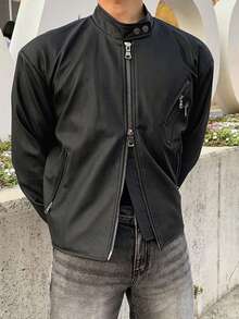 DAZY Men's Solid Black Zip-Up PU Jacket And Coat, Spring/Autumn - Black - View 5