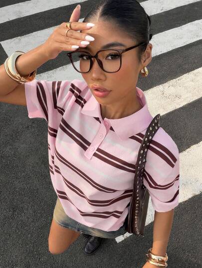 Muchica Women's Casual Striped Polo Collar Short Sleeve Casual Knit Top,Spring Break Outfits,Going Out Tops For Women