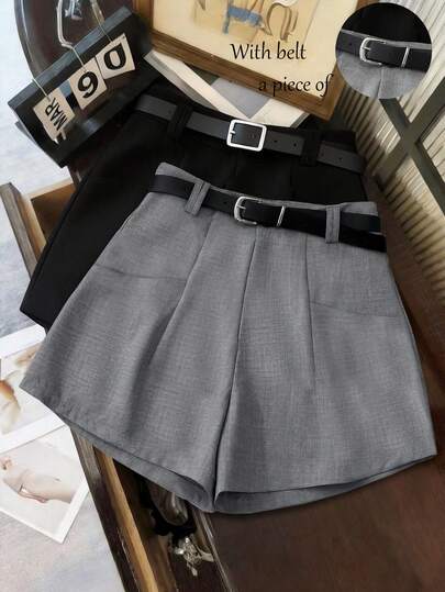 SHEIN Franclia Women's Summer Fashion Casual Gray Suit Shorts With Belt, Bamboo Fiber Fabric Pocket Pants, High Waist + A-Line Loose Leg, Elegant & Chic Outfit, Paired With Classic Black Leather Belt, Suitable For Commuting, Daily Wear, Summer, Party, Beach, Date, Graduation, Business, Urban Teacher Uniform, Casual Pants