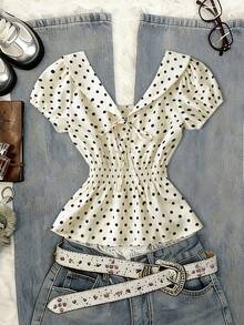 Resyla Polka Dot Ruffle Trim V-Neck Puff Sleeve Blouse - Apricot - View 1