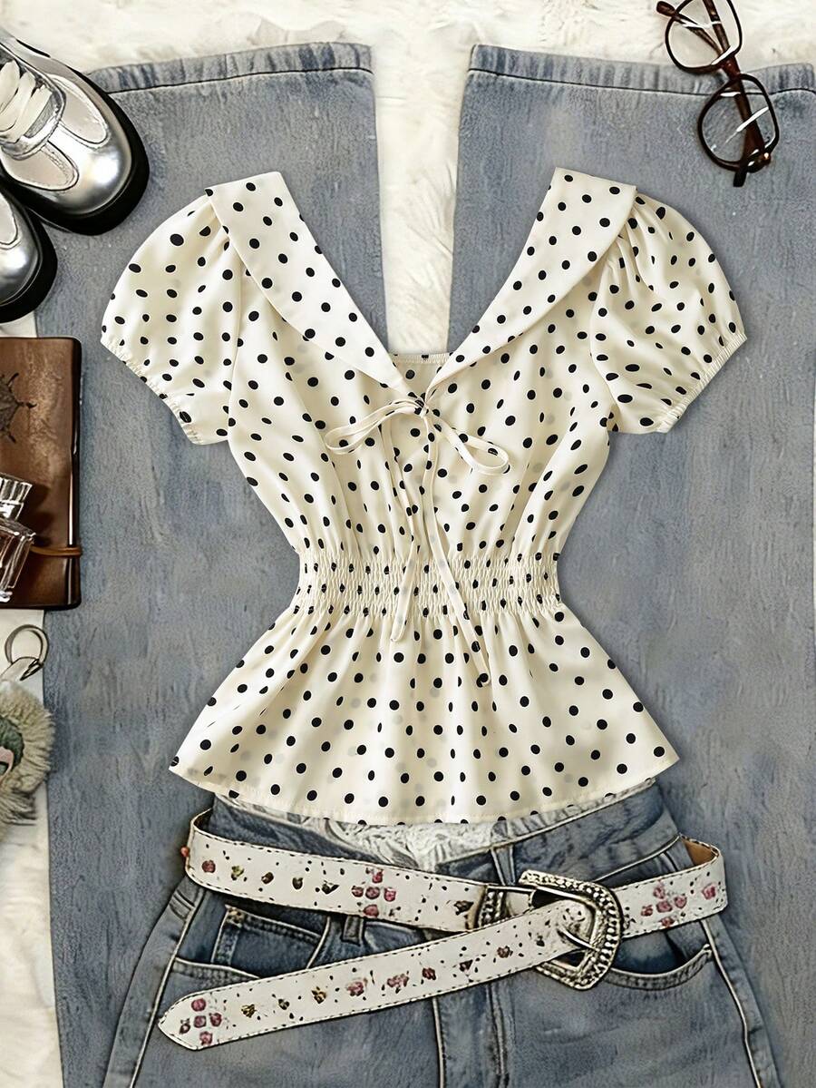 Resyla Polka Dot Ruffle Trim V-Neck Puff Sleeve Blouse - Apricot - View 1