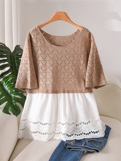 CosyJoli 大码优雅法式休闲高端简约编织拼接镂空花卉针织套头衫（女款）