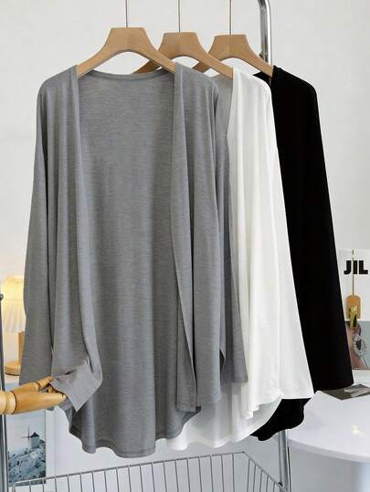 SHEIN Franclia Women's Casual Solid Color Long Sleeve Loose Fit Curved Hem Lightweight Jacket, Suitable For Loungewear