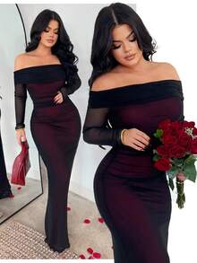 SHEIN SXY 优雅露肩修身连衣裙，通勤必备 - 彩色 - 查看 1