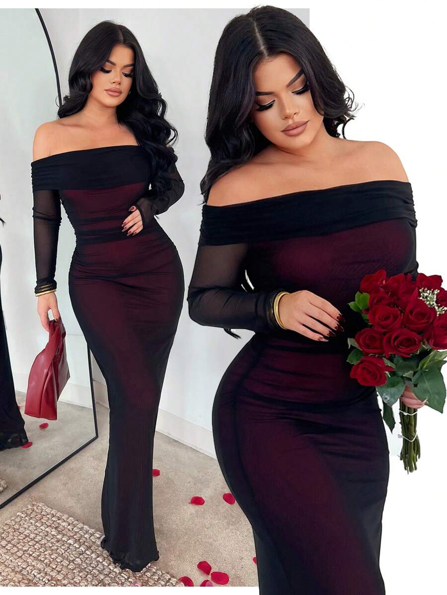 SHEIN SXY 优雅露肩修身连衣裙，通勤必备 - 彩色 - 查看 1