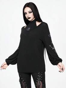 ROMWE Spring/Summerblack2pcs Gothic Snake Skin Floral Embroidery Design Women Set, Camisole + Outerwear Top - Black - View 5