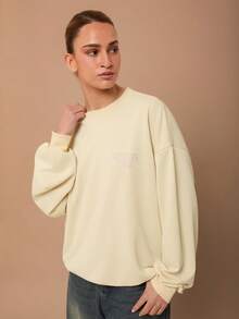 SURIMA 休闲简约印花连帽长袖宽松女式卫衣 - 米色 - 查看 2