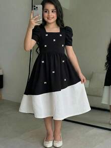 SHEIN 少女优雅羊腿袖珍珠装饰撞色中长连衣裙 - 黑色 - 查看 4