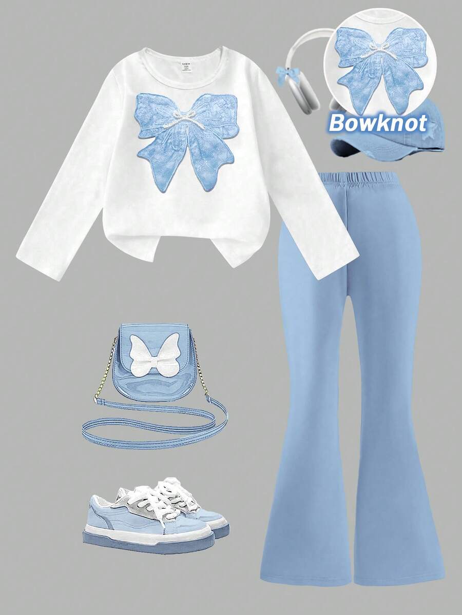 SHEIN ChillGRL Bộ đồ 2 mảnh mùa xuân/thu cho bé gái tuổi teen, áo ren đỏ thêu nơ kết hợp với áo thun dài tay trắng cổ tròn và quần ống rộng màu đỏ trơn, thích hợp cho các buổi đi chơi, du lịch, tiệc tùng, lễ hội, đi học, thoải mái và dễ thương. - Màu xanh lam - Xem 1