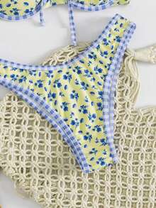 Swim Mod 新款女士优雅波西米亚风 Y2K 淡黄色碎花三角比基尼套装 - 两件式泳衣，饰有蓝色格纹滚边、正面蝴蝶结、可调节肩带和性感泳裤 - 可爱甜美复古海岸风沙滩装，适合夏季海滩度假、泳池派对和音乐节 - 彩色 - 查看 7