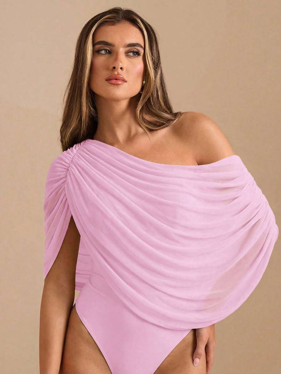 SHEIN BAE Höst/Vinter Enfärgad Brun/Kaffefärgad Off-Shoulder Rynkad Elegant Bodysuit, Tätt Åtsittande Elegant Smal Bodysuit, Draperad Topp - Babyrosa - Visa 1