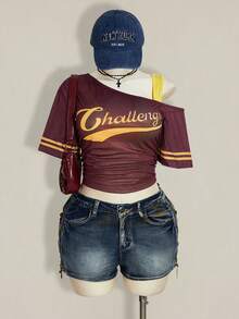 SHEIN ICON 大码女式字母印花短袖休闲不对称领二合一运动T恤 - 彩色 - 查看 4