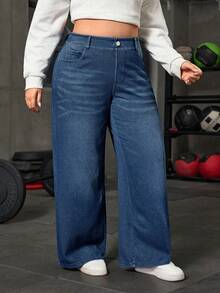 SHEIN FlexDen 大码针织休闲运动直筒牛仔裤 - 深色水洗藍 - 查看 6