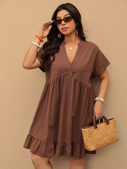 Elaquor Plus Size Women's Casual Solid Color Short Dress, Summer