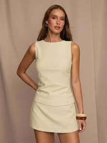 SHEIN BAE 女士夏季时尚纯色系带吊带背心 - 杏色 - 查看 3