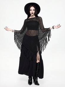 ROMWE Goth Western Boho Asymmetrical Fringe Design Hollow Sheer Poncho Sweater - Black - View 1
