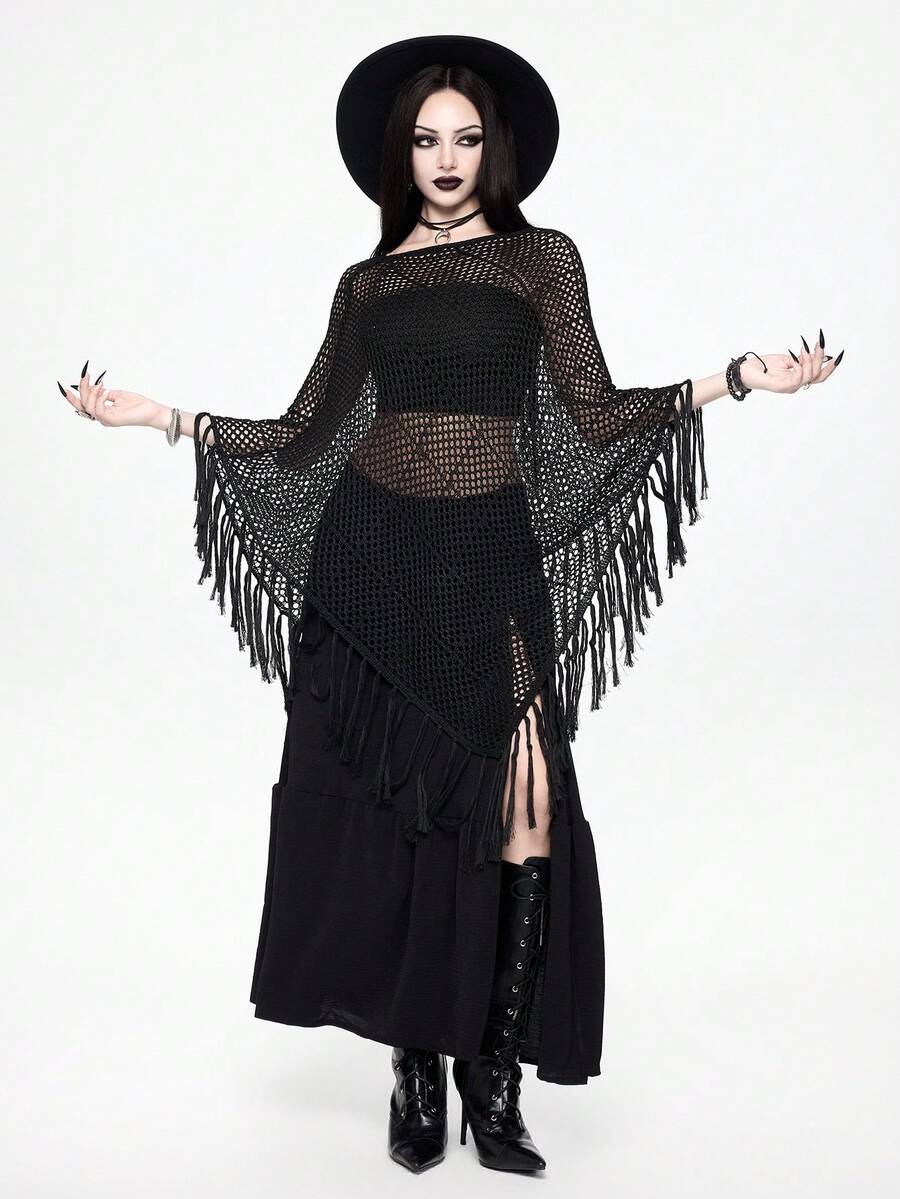 ROMWE Goth Western Boho Asymmetrical Fringe Design Hollow Sheer Poncho Sweater - Black - View 1