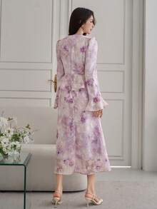 DAZY Women's Elegant Floral V-Neck Puff Sleeve Blouse And Fish Tail Hem Skirt 2-Piece Set, Spring/Summer,Wedding Guest Dress Women - Purple - View 2