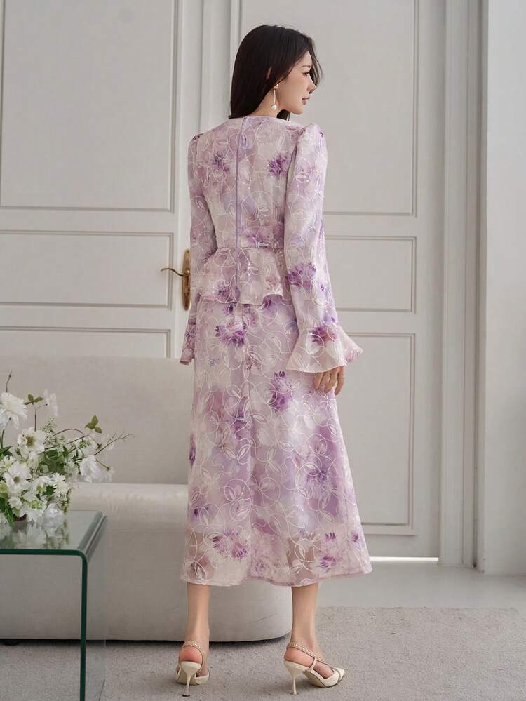 Women's Elegant Floral V-Neck Puff Sleeve Blouse And Fish Tail Hem Skirt 2-Piece Set, Spring/Summer,Wedding Guest Dress Women