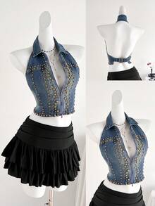 Elamini 女士铆钉设计拉链前开露背吊带牛仔上衣 - 藍色 - 查看 6