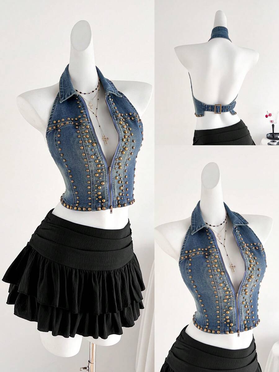 Elamini Women's Rivet Design Zipper Front Backless Halter Neck Denim Top - Blue - View 1