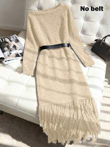 Franclia 新款秋冬欧美风性感不对称肩部流苏毛绒针织连衣裙 - 米色 - 查看 2
