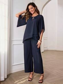 Miaspire Elegant Navy Blue Chiffon Two-Piece Set For Women – Double-Layer Cape Sleeve Top & Pleated Wide Leg Pants, Perfect For Summer & Spring, Ideal For Vacation, Beach, Going Out, Casual Daily Wear, And Festival Occasions - Navy Blue - View 2