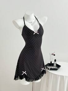 Elamini V领波点蝴蝶结黑色迷你连衣裙，女士休闲春夏款 - 黑色 - 查看 5