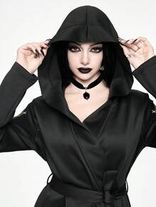 ROMWE Goth 哥特风星星、月亮和蘑菇图案印花女式连帽夹克 - 黑色 - 查看 7