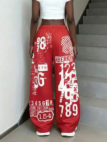 Rovax Women's Casual Street Style Graphic Print Drawstring Pants - Red - View 2