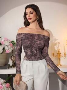 Modelyn Women's Elegant Mesh Print Off Shoulder Neck T-Shirt, Suitable For Outings And Dates, Autumn/Winter - Multicolor - View 8