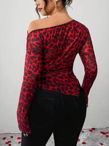 Elenzga Plus Size Women's Classy Leopard Print Long Sleeve Top,Off Shoulder Oblique Fitted T-Shirt,Black And Red Autumn Night Out Club Elastic Mesh Fabric - Multicolor - View 2