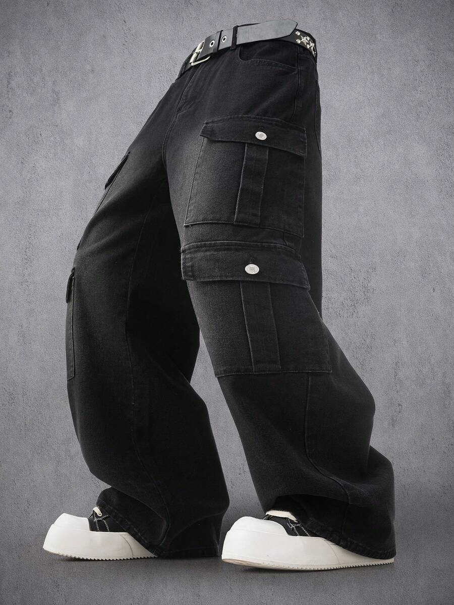 Manfinity EMRG Quần jeans nam dáng suông, ống đứng, rộng rãi, màu đen, phong cách hip hop đường phố. - màu đen - Xem 1