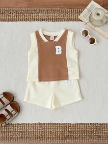 SHEIN 2pcs Baby Boy/Girl Letter Print Contrast Color Knit Soft Round Neck Raglan Sleeve Pullover Top And Elastic Waist Shorts Set,Kids - Multicolor - View 9