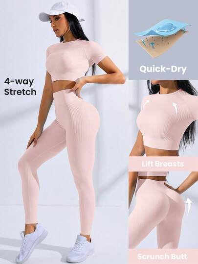 SHEIN Core Rhythm 2PCS/1SET Women's Solid Color Textured Fabric High Elasticity Shapewear Seamless Sports Set Workout Outfit For Women Set Quick Dry Workout Clothes Women Active Wear Sets Women's Workout Sets Women's 2 Pieces Sets Quick Ship Items For Women Clothes Women's Summer 2 Pieces Sets Quick Dry Workout Set Gym Outfit For Women Set Gym 2 Piece Set Leggings Sets 2 Piece Pink Outfit Women 2 Piece Workout Outfits For Women Set Legging Sets 2 Piece 4-Way Stretch Leggings Set Gym Co Ord Set Jogging Outfit For