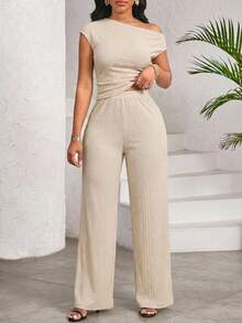 SHEIN Lady 2pcs Women Summer Casual Asymmetrical Shoulder Top & Pants Set - Apricot - View 7