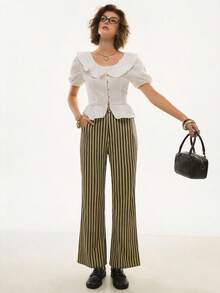 Poéselle 女士条纹休闲百搭通勤办公阔腿裤 - 卡其色 - 查看 4