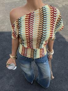 Siren Gaze 女士不对称领蝙蝠袖收腰印花衬衫，时尚夏季度假风 - 彩色 - 查看 4