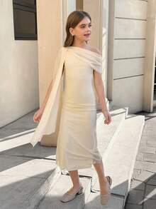 SHEIN 少女休闲优雅不对称领口褶皱腰身修身针织长裙，适合万圣节派对、返校装扮、聚会、郊游，黑色 - 杏色 - 查看 4