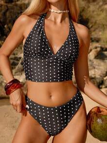 Swim Mod Women's Polka Dot Print Halter Neck Tankini Top And Triangle Bottoms 2-Piece Swimsuit Set - Black and White - View 5