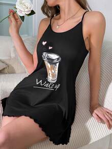 Heart & Slogan Graphic Lettuce Trim Cami Pajama Nightdress - Black - View 3