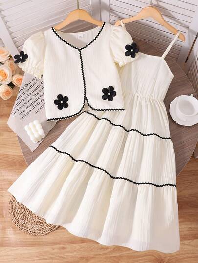 SHEIN 2pcs/Set Girls Elegant Vacation Style Outfit, Solid Color Textured Puff Sleeve Shirt And Cami Dress Set, Contrast Ruffle And Floral Design, Suitable For Spring/Summer Travel And Beach Wear