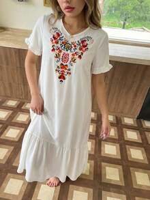 Girls' Casual Vintage Printed Pattern Minimalist V-Neck Ruffle Hem Dress, Loungewear - Apricot - View 3