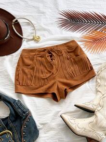 Soleia Spring/Summer New Casual Vacation Western Beach Wedding Guest Attire Graduation Brunch Women's St. Patrick's Day Spring Break Easter Music Festival Elegant Bohemian Tropical Chic Low Waist Khaki Suede Beaded Ladies Shorts - Khaki - View 1