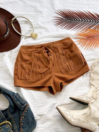 Soleia Spring/Summer New Casual Vacation Western Beach Wedding Guest Attire Graduation Brunch Women's St. Patrick's Day Spring Break Easter Music Festival Elegant Bohemian Tropical Chic Low Waist Khaki Suede Beaded Ladies Shorts